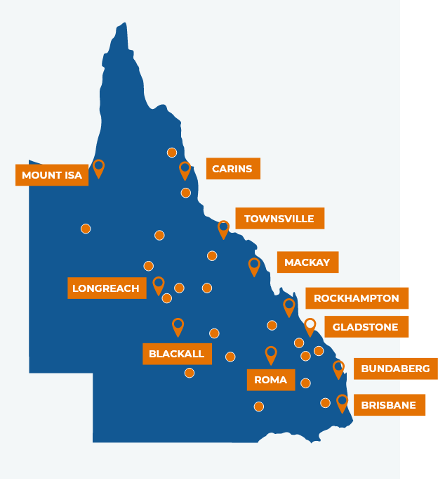 Map of Queensland showing locations we travel to and from