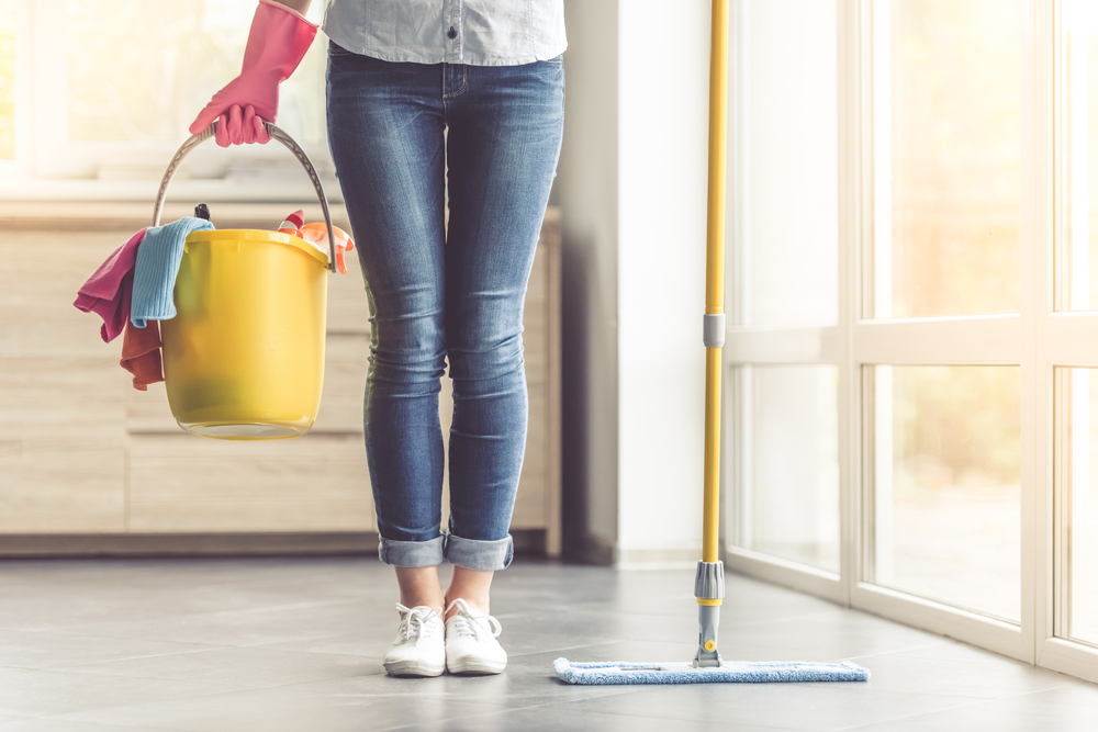 woman holding a bucket and mop